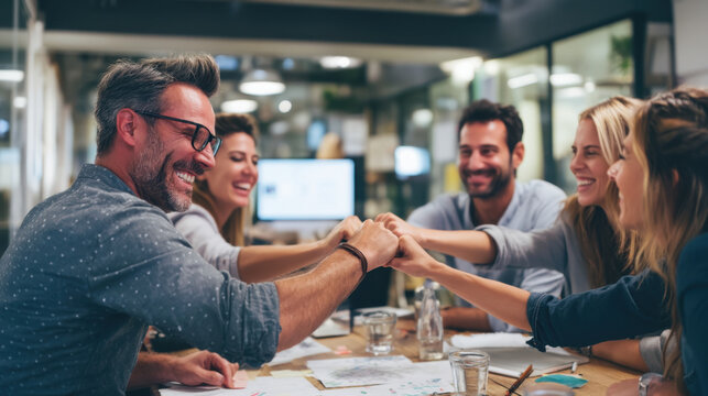 Collaboration and teamwork are essential modern office environment, as shown by this group of professionals engaging positive and energetic fist bump. atmosphere is filled with creativity