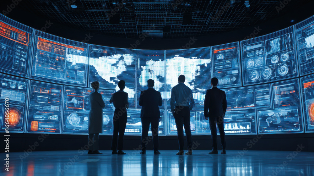 Poster in modern control room, group of professionals observes large digital display filled with data visua