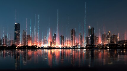 Obraz premium A city skyline is lit up at night with a lot of lights. The city is full of tall buildings and the lights are shining brightly. The city looks busy and lively at night