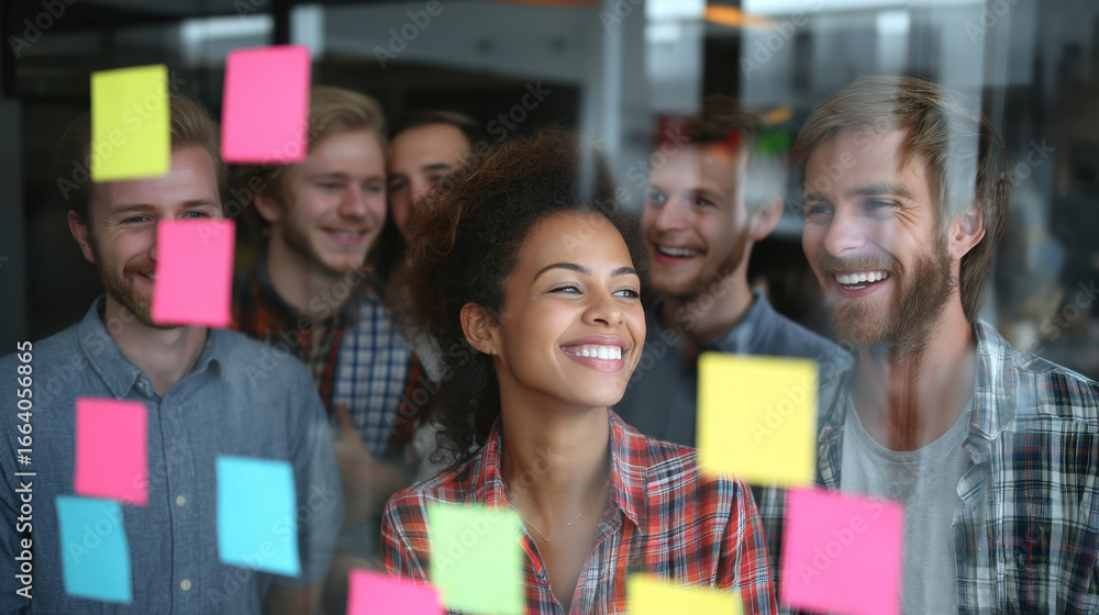 Poster group of diverse individuals smiling and collaborating in modern workspace, surrounded by colorful s