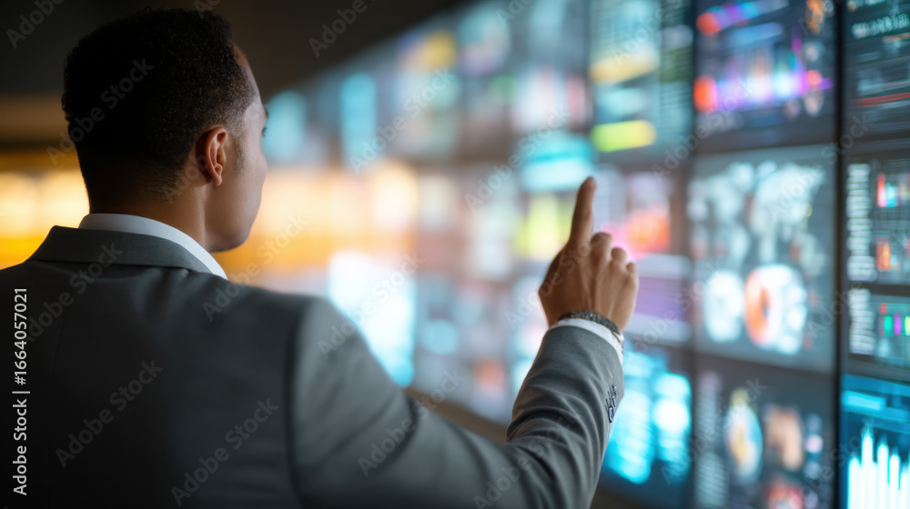 Poster professional man in suit interacts with digital display, analyzing data and charts. environment sugg