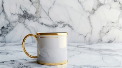 White mug with gold trim on a marble surface.