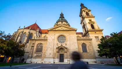 Fototapeta premium Wide shot of a historic church facade at dawn