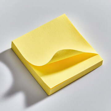 Sticky note pad with one page slightly lifted on white surface