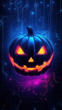 A glowing, digital-themed Halloween pumpkin
