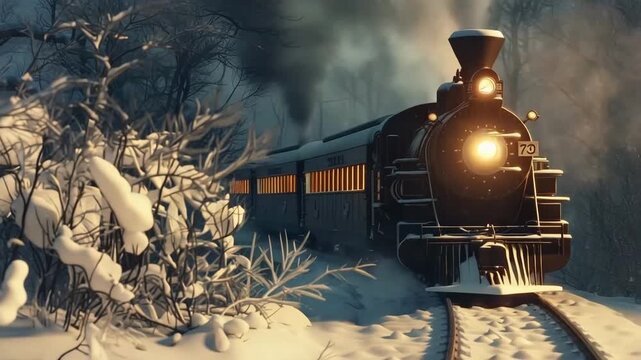 Wintertime Express Charming Vintage Train Journeys Through Snowy Woodlands in Full Steam. Beautiful winter forest scene with snow and old steam locomotive on the track.