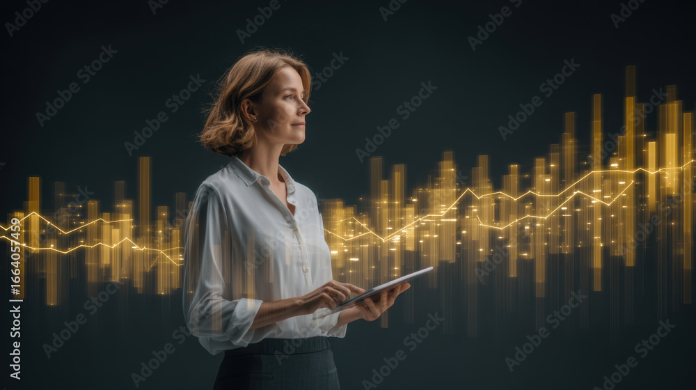 Poster professional woman stands confidently with tablet, surrounded by dynamic financial graphs and data v