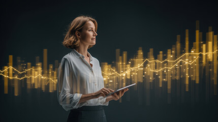 Professional woman stands confidently with tablet, surrounded by dynamic financial graphs and data visualizations. scene conveys innovation and progress in technology and finance