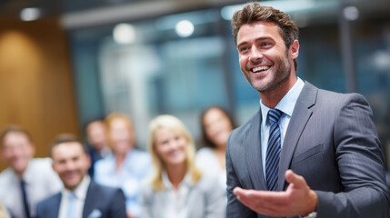 Confident businessman presenting to engaged audience in modern office setting, showcasing leadership and communication skills, with focus on teamwork and collaboration