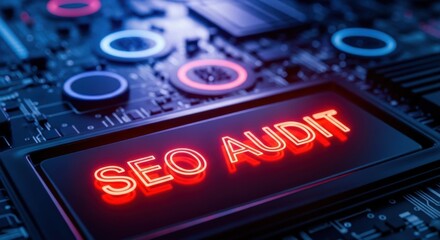 The glowing neon text seo audit illuminates a complex computer circuit board, symbolizing digital marketing strategy and online performance analysis