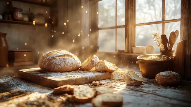 Rustic Kitchen Scene with Freshly Baked Bread on Wooden Board &ndash; Warm Sunlit Atmosphere and Homemade Comfort
