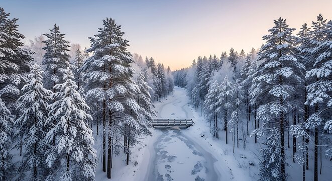 Aerial View of a Snow-Covered Forest with a Wooden Bridge at Sunset, Winter Wonderland