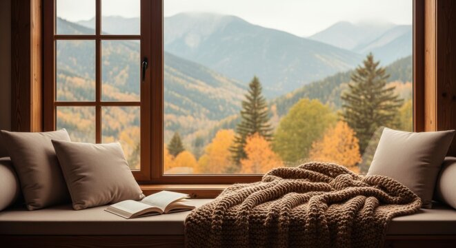 A cozy window seat with plush pillows and a warm knit blanket offers a breathtaking view of autumn mountains ablaze with fall colors - Powered by Adobe