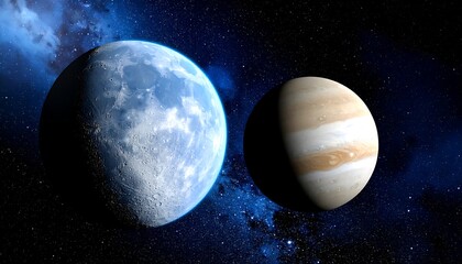A celestial scene depicting two planets, one icy blue and cratered, the other gas giant striped, set against a star-filled backdrop