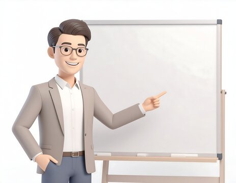 smiling 3d character man pointing at blank whiteboard - Powered by Adobe