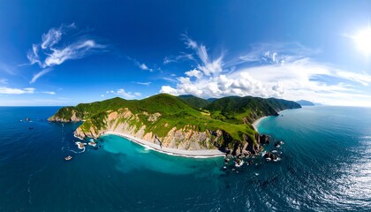 Fototapeta premium Panoramic vista of a secluded cove nestled between verdant hills and a tranquil ocean.