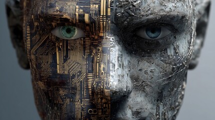 A woman's face is made of computer chips and wires. The blue eyes are glowing and the face is surrounded by a black background. The image conveys a futuristic and technological mood