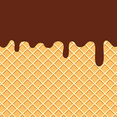 Melting chocolate ice cream on wafer background. Vector illustration.