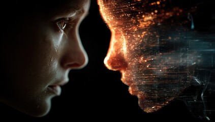 Close-up of a child's profile juxtaposed with a digital, fiery, ethereal face