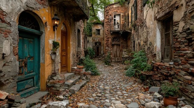 Narrow alleyway with weathered walls and debris