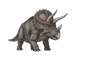 Fototapeta premium An illustration of a majestic gray triceratops dinosaur with three horns and a large frill standing proudly