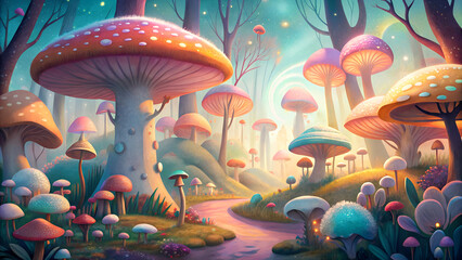 Enchanting mushroom forest with magical fantasy landscape