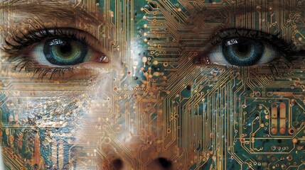 A woman's face is made of computer chips and wires. The blue eyes are glowing and the face is surrounded by a black background. The image conveys a futuristic and technological mood