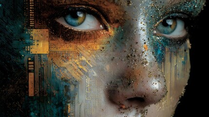 A woman's face is made of computer chips and wires. The blue eyes are glowing and the face is surrounded by a black background. The image conveys a futuristic and technological mood