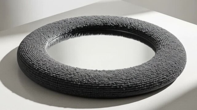 Modern Circular Mirror with Textured Gray Loopy Fabric Frame on White Table