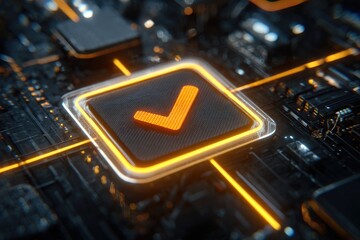 A glowing checkmark icon on a circuit board.  High-tech, futuristic design