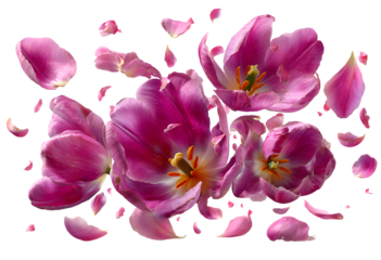 pink tulip petals fly in a semicircle, on an isolated white background