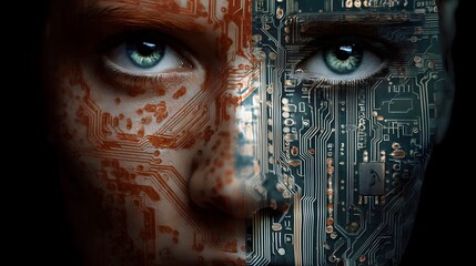 A woman's face is made of computer chips and wires. The blue eyes are glowing and the face is surrounded by a black background. The image conveys a futuristic and technological mood
