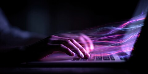 Hands typing on a laptop, illuminated by vibrant, flowing light trails