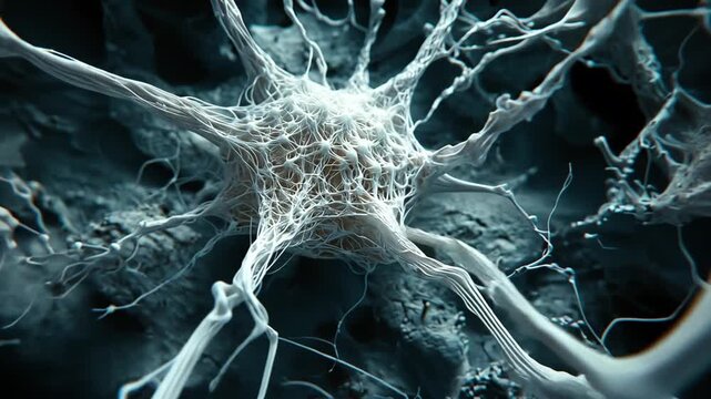Ultra detailed microscopic image of neuron with intricate dendritic branches extending from cell body for neural network neuroscience biology human brain medical education concept