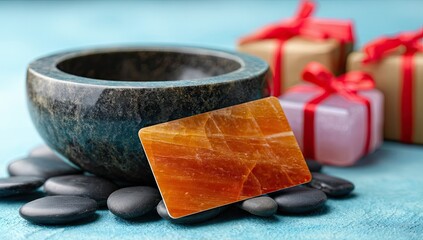 Dark bowl, smooth stones, and an orange gift card.