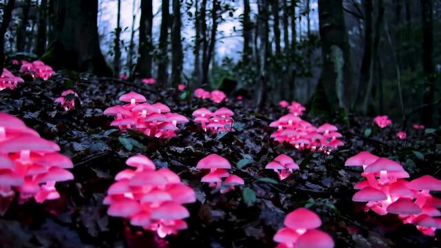 This video shows a dark forest at night filled with groups of bright pink, glowing mushrooms. The camera slowly moves across the beautiful, almost magical scene.