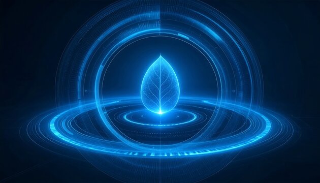 Abstract Blue Tech Illustration Of Seed Avatar With Expanding Concentric Rings in Dark Background - Powered by Adobe