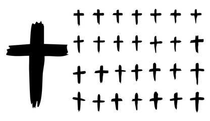 Black vector illustration of Christian crosses in distressed styles, featuring various shapes on a white background, icon sheet in grunge style