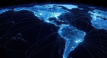 A glowing blue network of light connects cities across the earth, illustrating global communication and data flow