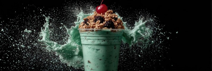 Mint milkshake with granola, berries, and a cherry, exploding in a dynamic splash against a black backdrop