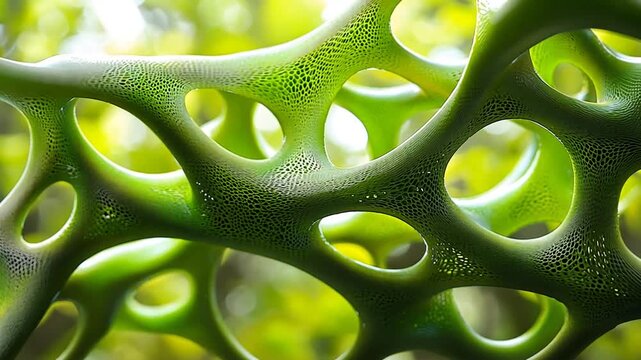 Close up of vibrant green abstract organic structure with intricate porous network finely textured surface for biomimicry sustainable technology scientific innovation natural growth concept