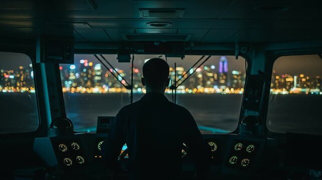 Ship Captain Navigating at Night with a Luminous Bokeh City Skyline View