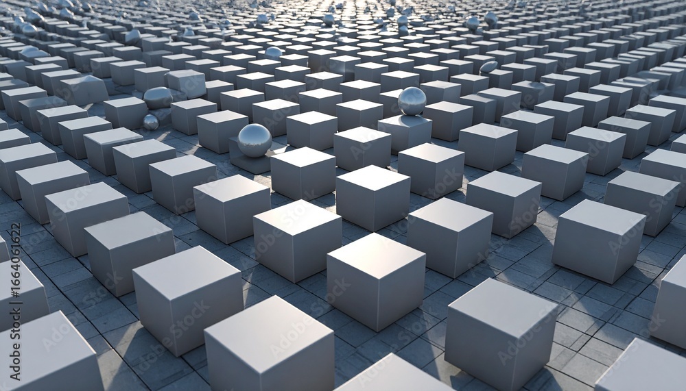 Aufkleber abstract 3d rendering of a grid of metallic cubes with reflective spheres, creating a futuristic and