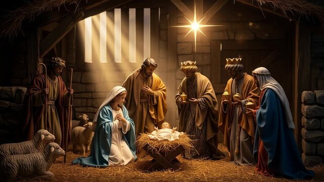 Nativity Scene with Family Members Around Baby in Straw Manger