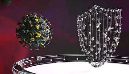 A 3D illustration displays a virus particle and a protective shield, highlighting potential solutions for protection against viral threats.