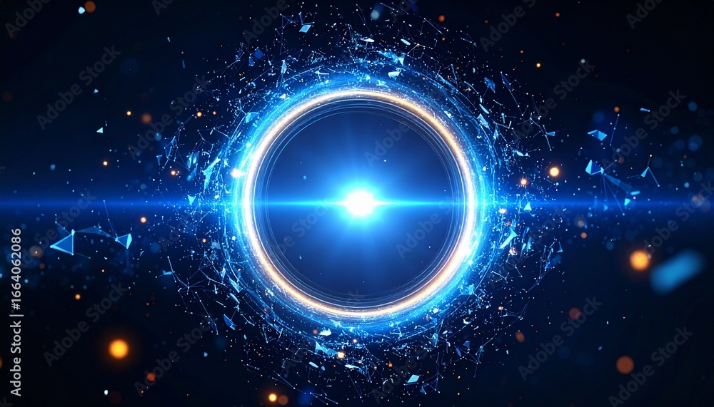 Poster a bright blue light emanates from the center of a circular vortex, surrounded by fragmented particle