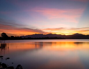 Fototapeta premium Serene sunset over calm lake, reflecting vibrant colors in the sky and mountains