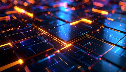 Abstract 3D rendering of glowing blue and orange circuit board.