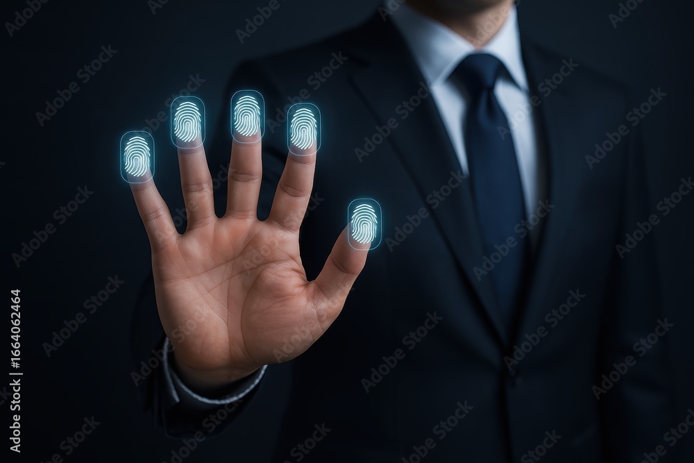 Poster security check: a professional man in a suit extends his hand, displaying digital fingerprints, repr
