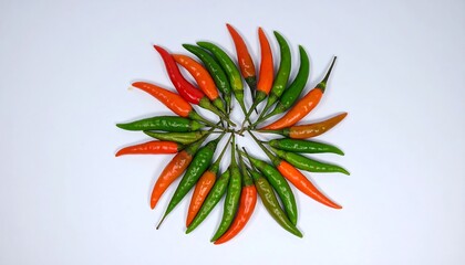 A circular arrangement of vibrant green and red chili peppers against a plain white background.